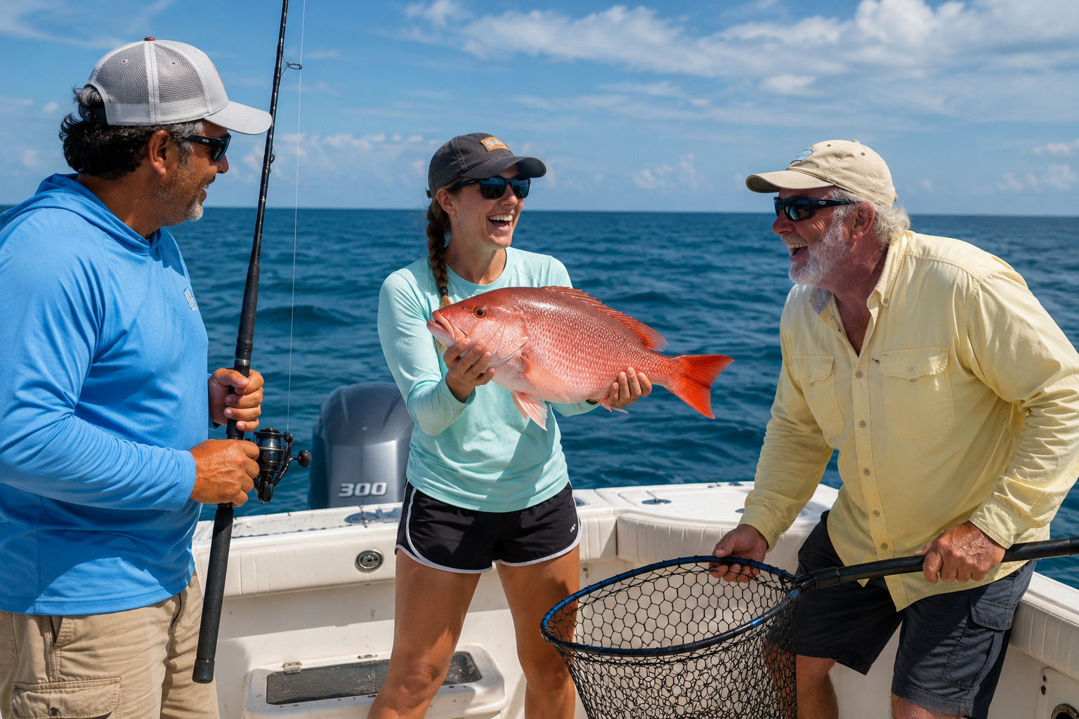 Anglers celebrating a red snapper catch offshore on the Gulf Coast